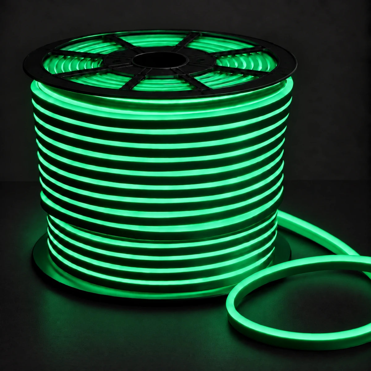 8×16mm 220–240V green IP65 neon flex lit reel on dark charcoal background