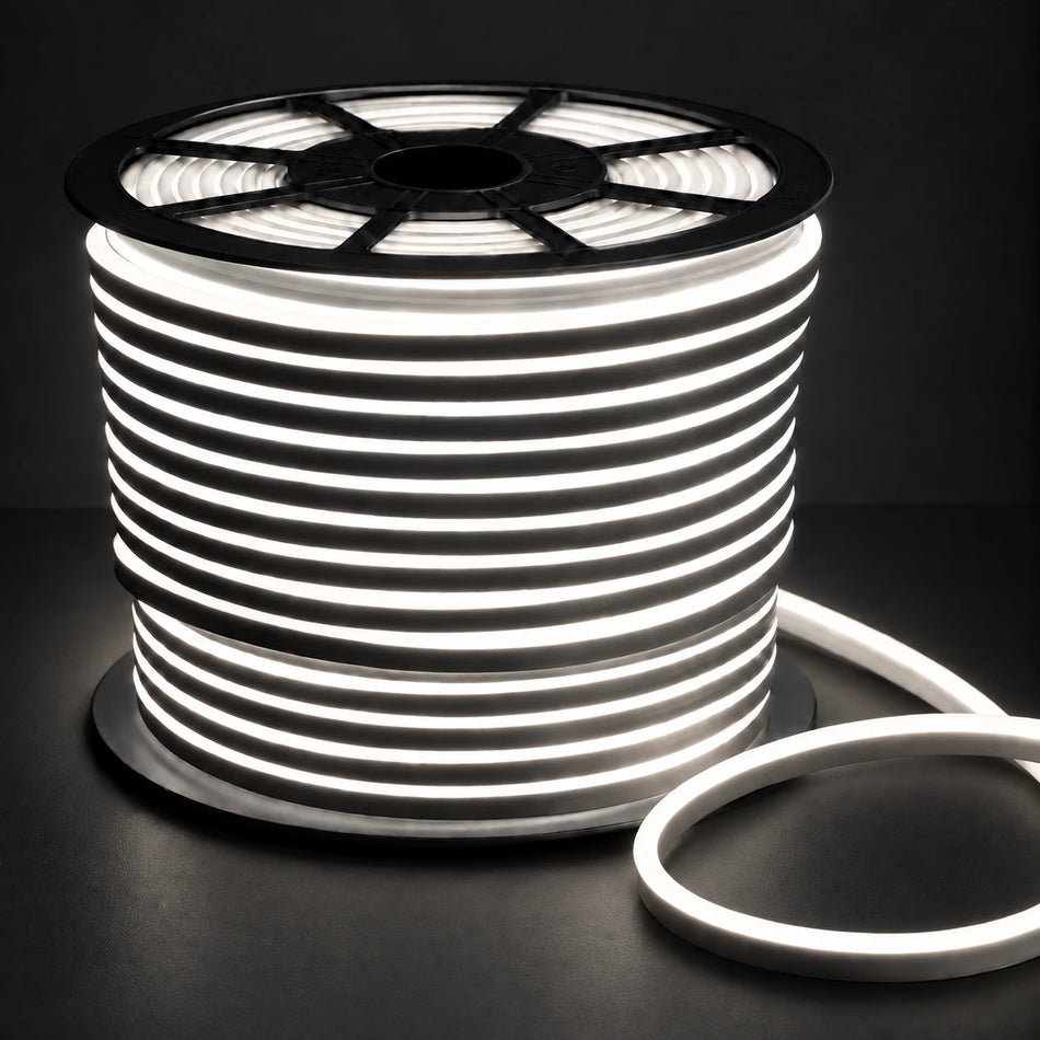 8×16mm 220–240V natural 4000k IP65 neon flex lit reel on dark charcoal background