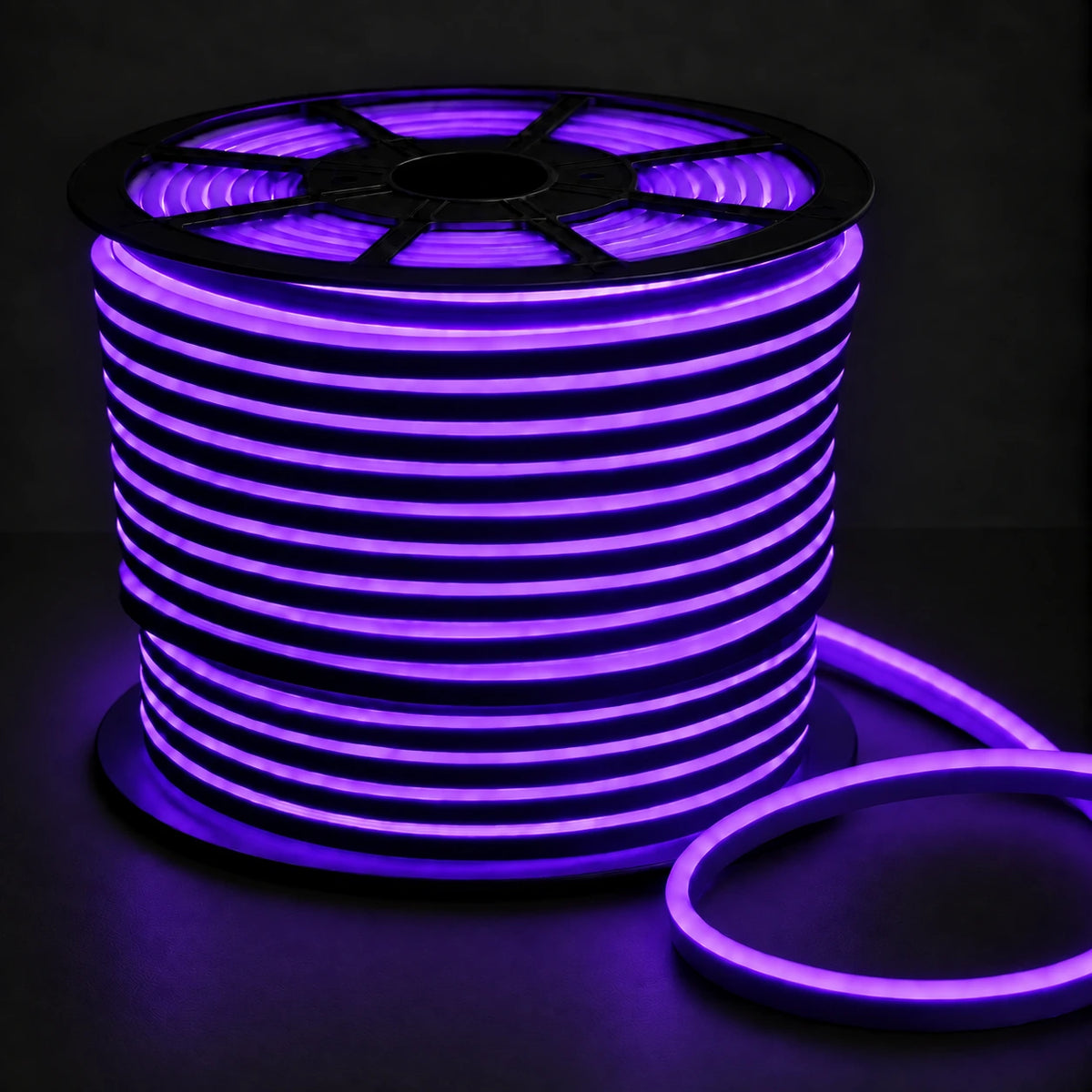 8×16mm 220–240V purple IP65 neon flex lit reel on dark charcoal background