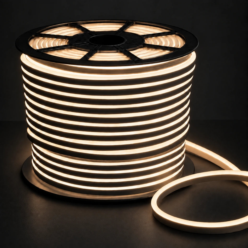 8×16mm 220–240V warm 2900k IP65 neon flex lit reel on dark charcoal background