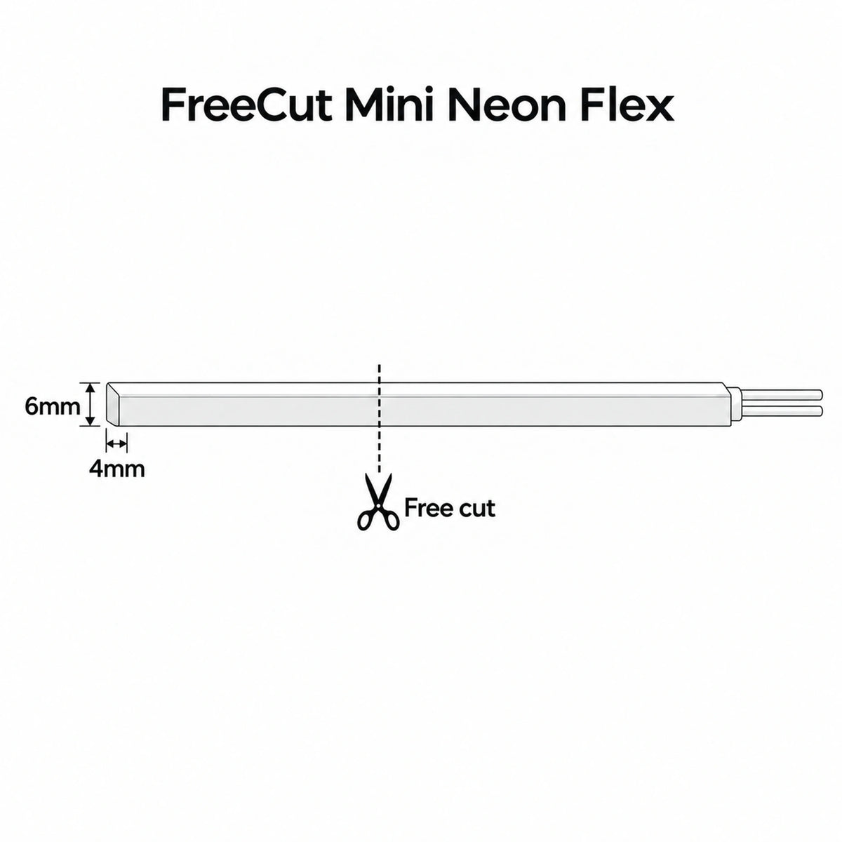 House of LEDs — 4x6mm FreeCut Mini Neon Flex cutting diagram with scissors and cut-to-length silicone strip