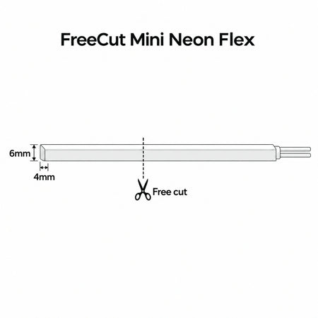 House of LEDs — 4x6mm FreeCut Mini Neon Flex cutting diagram with scissors and cut-to-length silicone strip