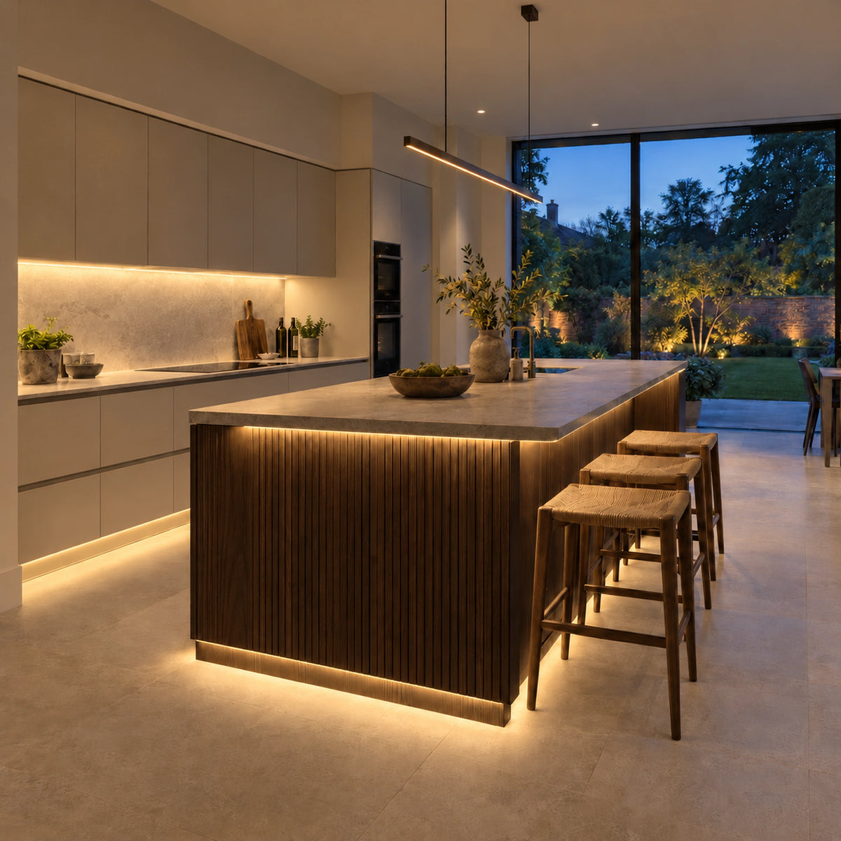 FreeCut mini neon flex 2700K warm white beneath kitchen cabinets and a fluted oak island