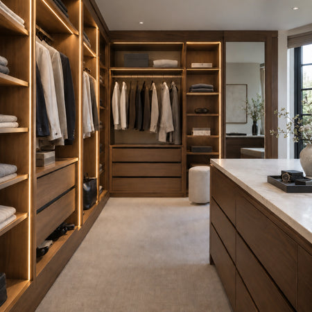 FreeCut mini neon flex 2700K warm white recessed into a walnut walk-in wardrobe