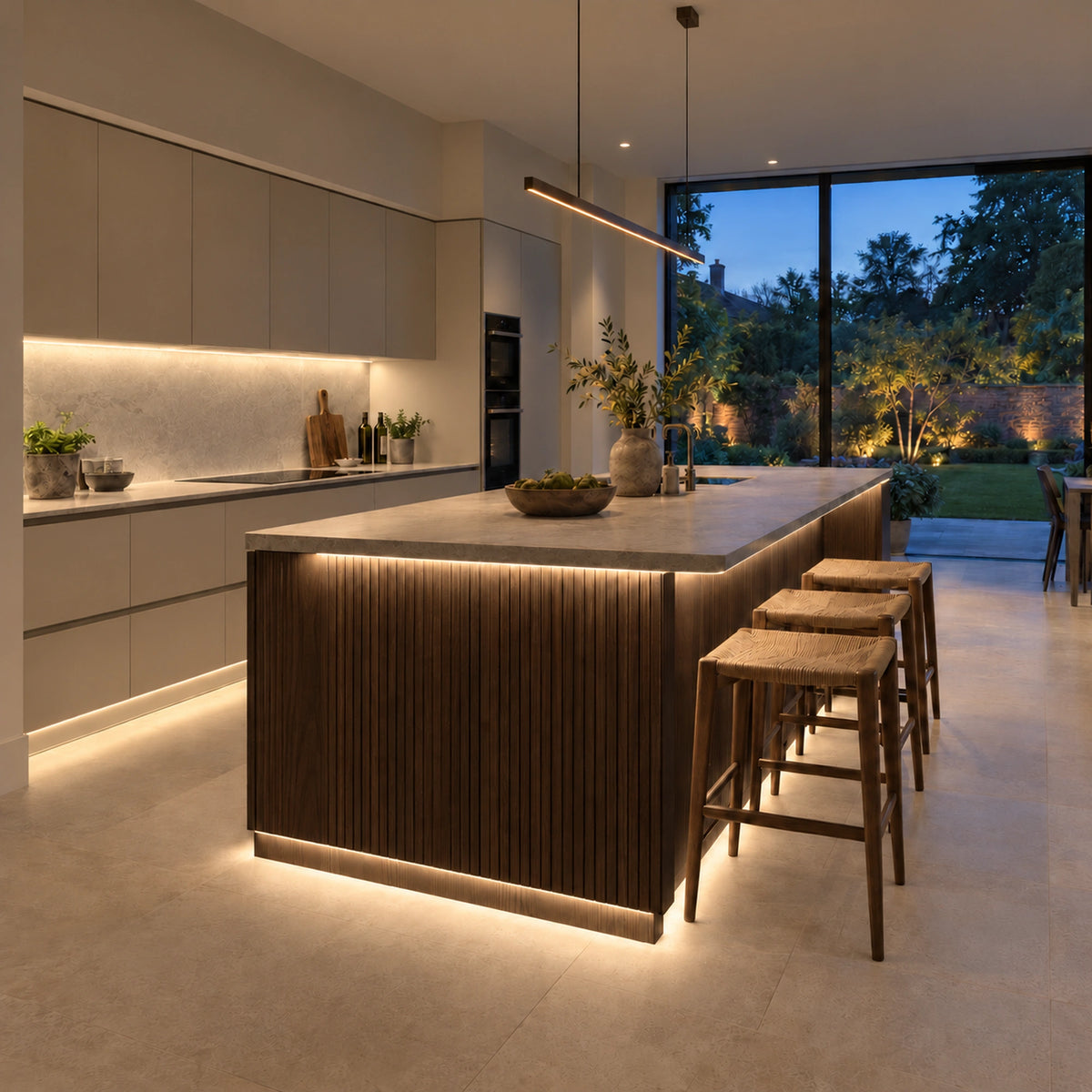 FreeCut mini neon flex 3000K warm white beneath kitchen cabinets and a fluted oak island