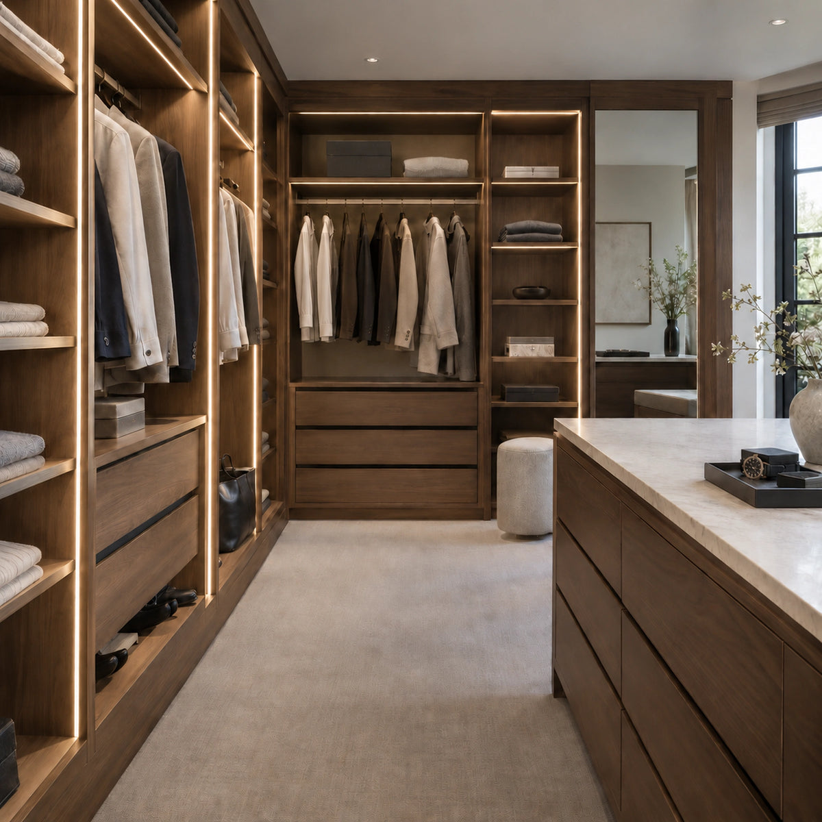 FreeCut mini neon flex 3000K warm white recessed into a walnut walk-in wardrobe