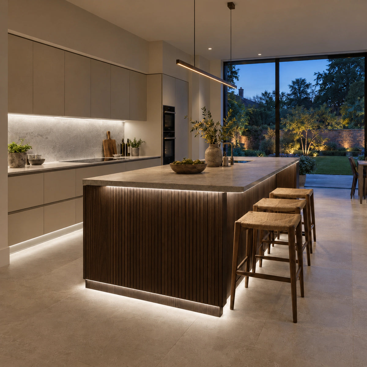 FreeCut mini neon flex 4000K natural white beneath kitchen cabinets and a fluted oak island