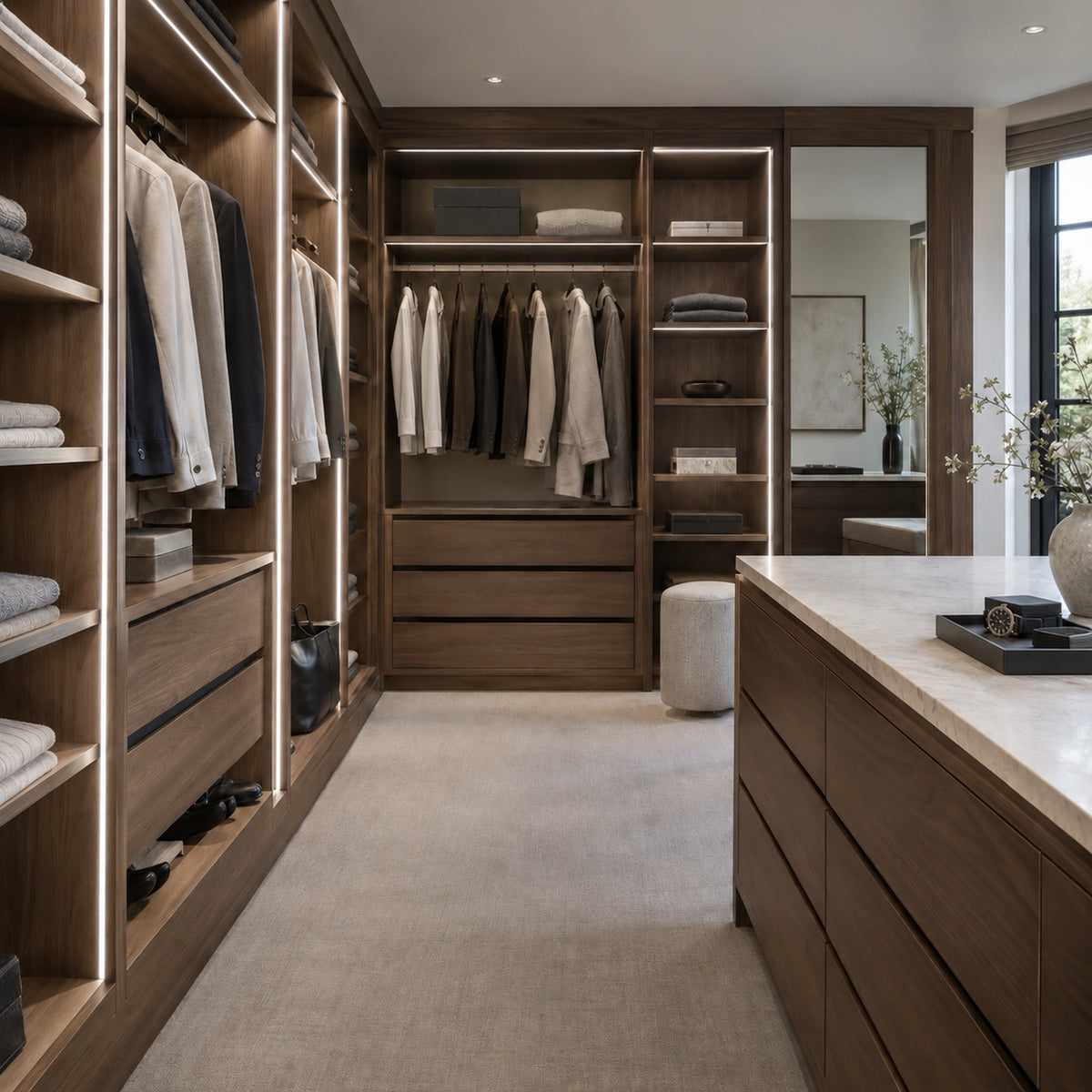 FreeCut mini neon flex 4000K natural white recessed into a walnut walk-in wardrobe