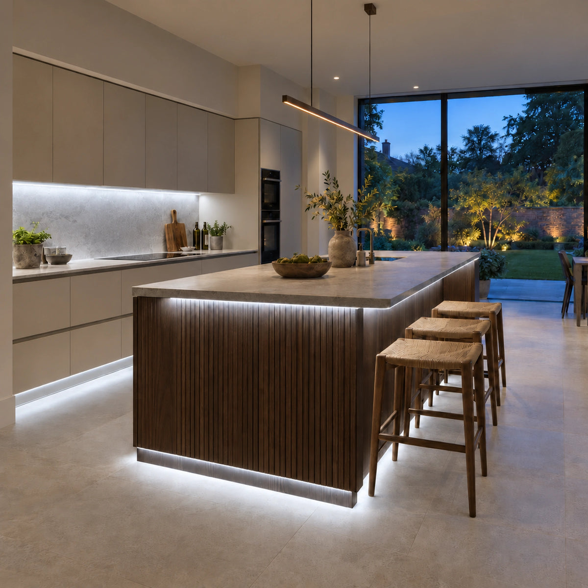 FreeCut mini neon flex 6000K cool white beneath kitchen cabinets and a fluted oak island