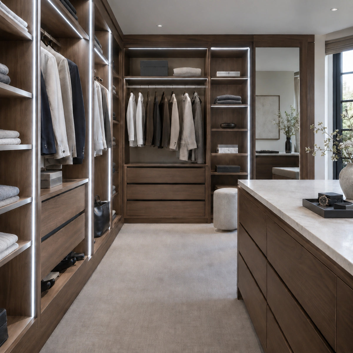FreeCut mini neon flex 6000K cool white recessed into a walnut walk-in wardrobe