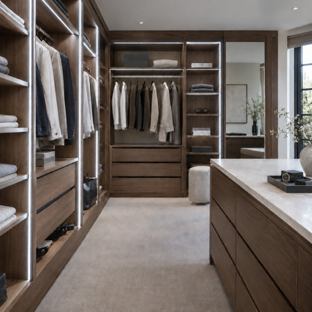 FreeCut mini neon flex 6000K cool white recessed into a walnut walk-in wardrobe