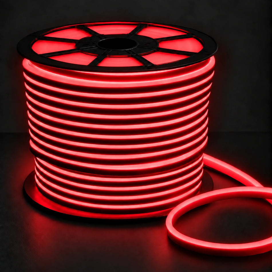 House of LEDs red 8×16mm 220–240V IP65 neon flex on a reel, with smooth continuous light on a charcoal background