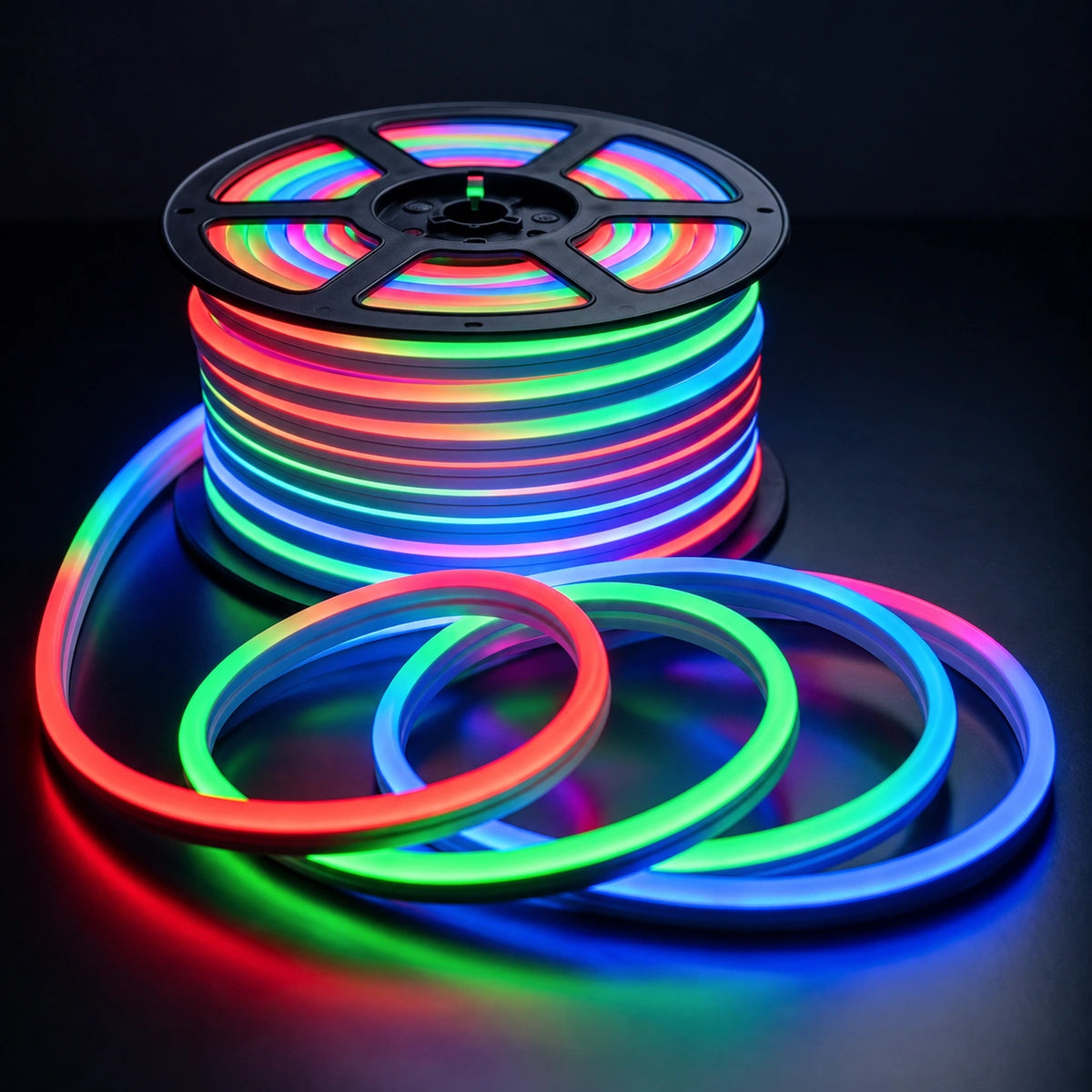 RGB LED neon flex 8x16mm 220–240V reel with illuminated loops showing colour options