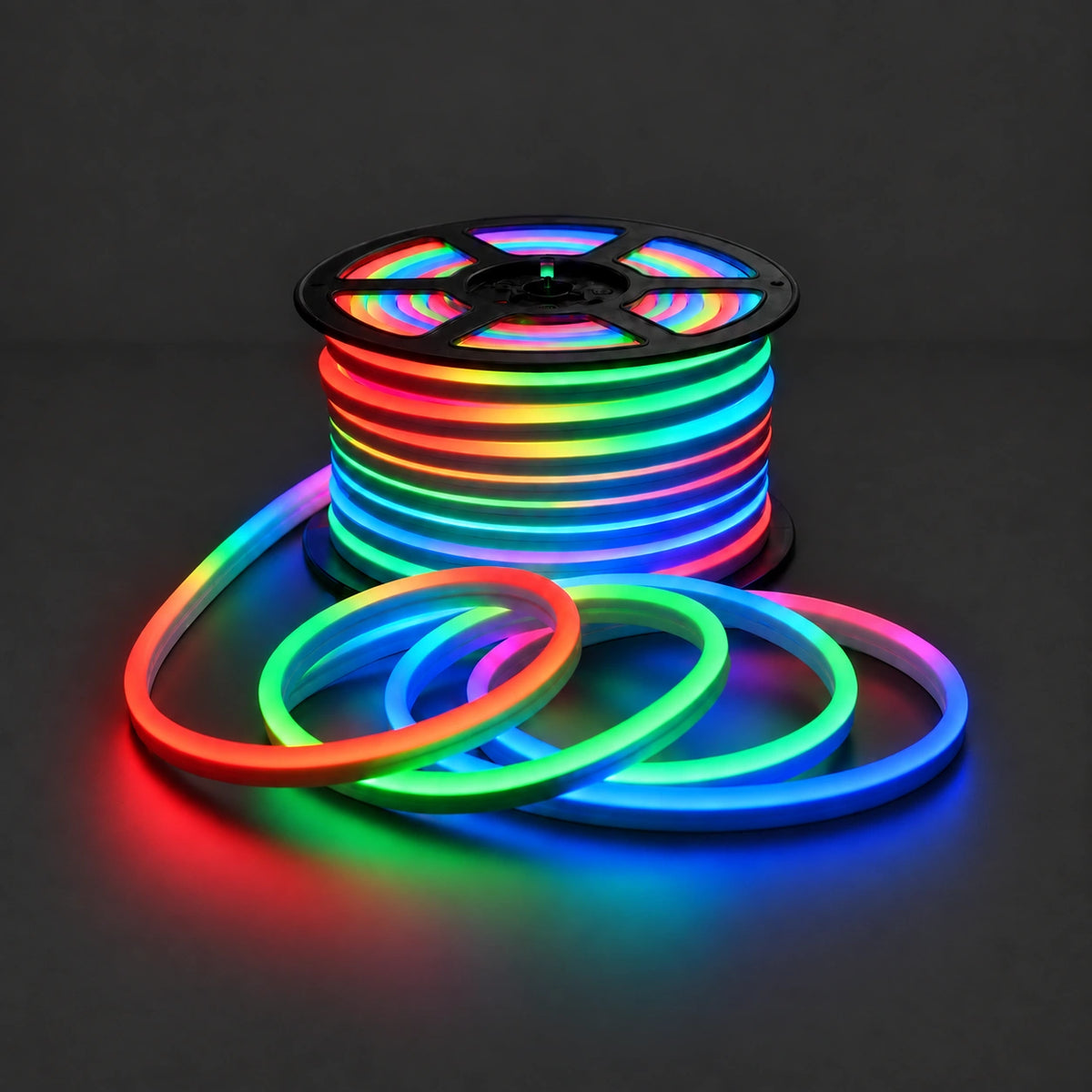 RGB LED neon flex 8x16mm 220–240V reel with illuminated loops showing colour options