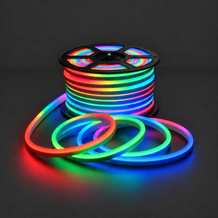 RGB LED neon flex 8x16mm 220–240V reel with illuminated loops showing colour options