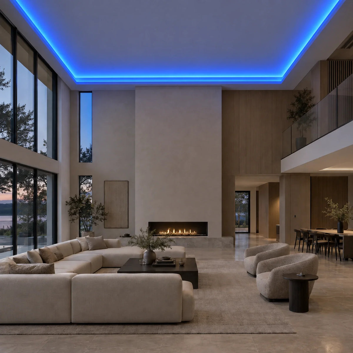 Illustrative House of LEDs blue 8×16mm neon flex installed in large-room ceiling coving