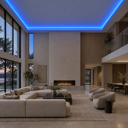 Illustrative House of LEDs blue 8×16mm neon flex installed in large-room ceiling coving
