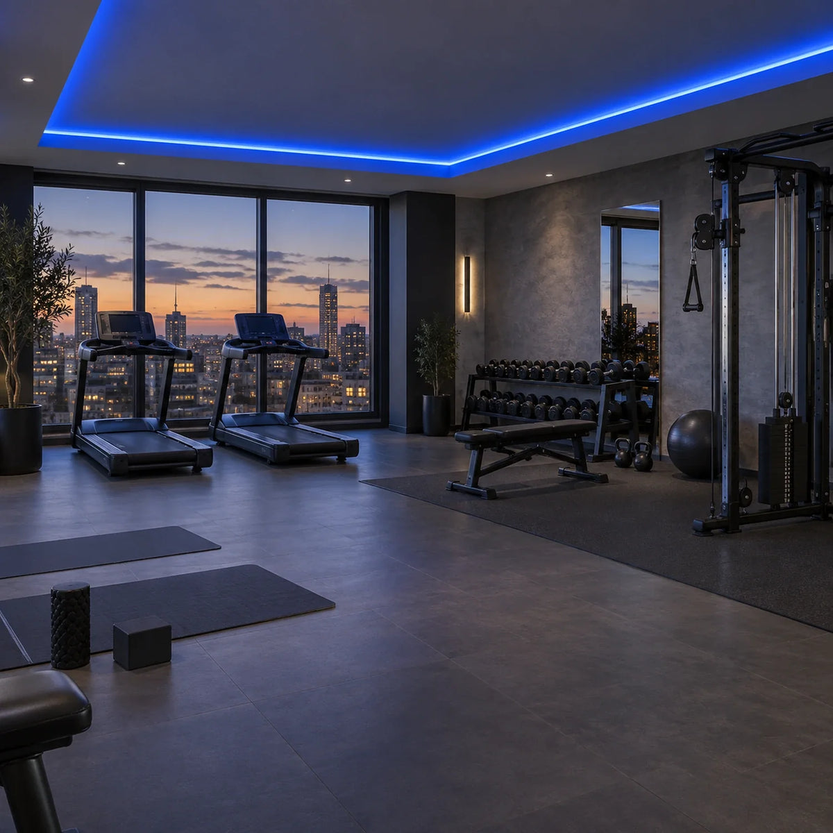 Illustrative House of LEDs blue 8×16mm neon flex installed in gym ceiling coving