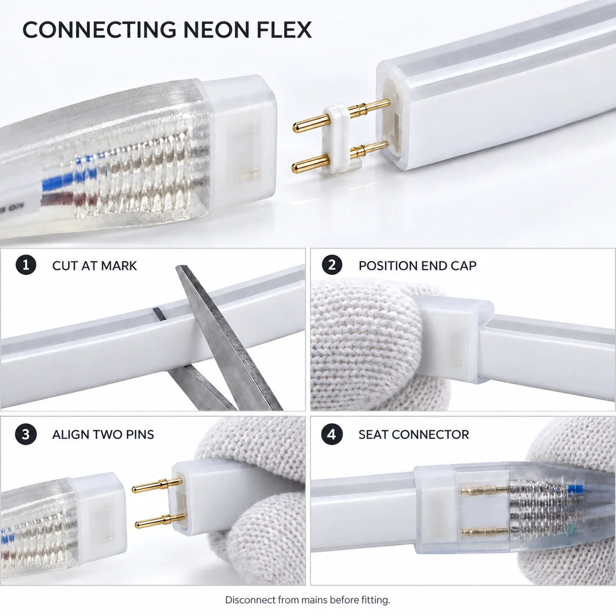 Illustrative 8×16mm AC neon flex two-pin connector fitting sequence; disconnect from mains before fitting