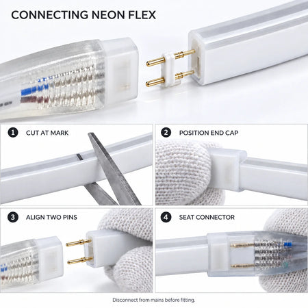 Illustrative 8×16mm AC neon flex two-pin connector fitting sequence; disconnect from mains before fitting