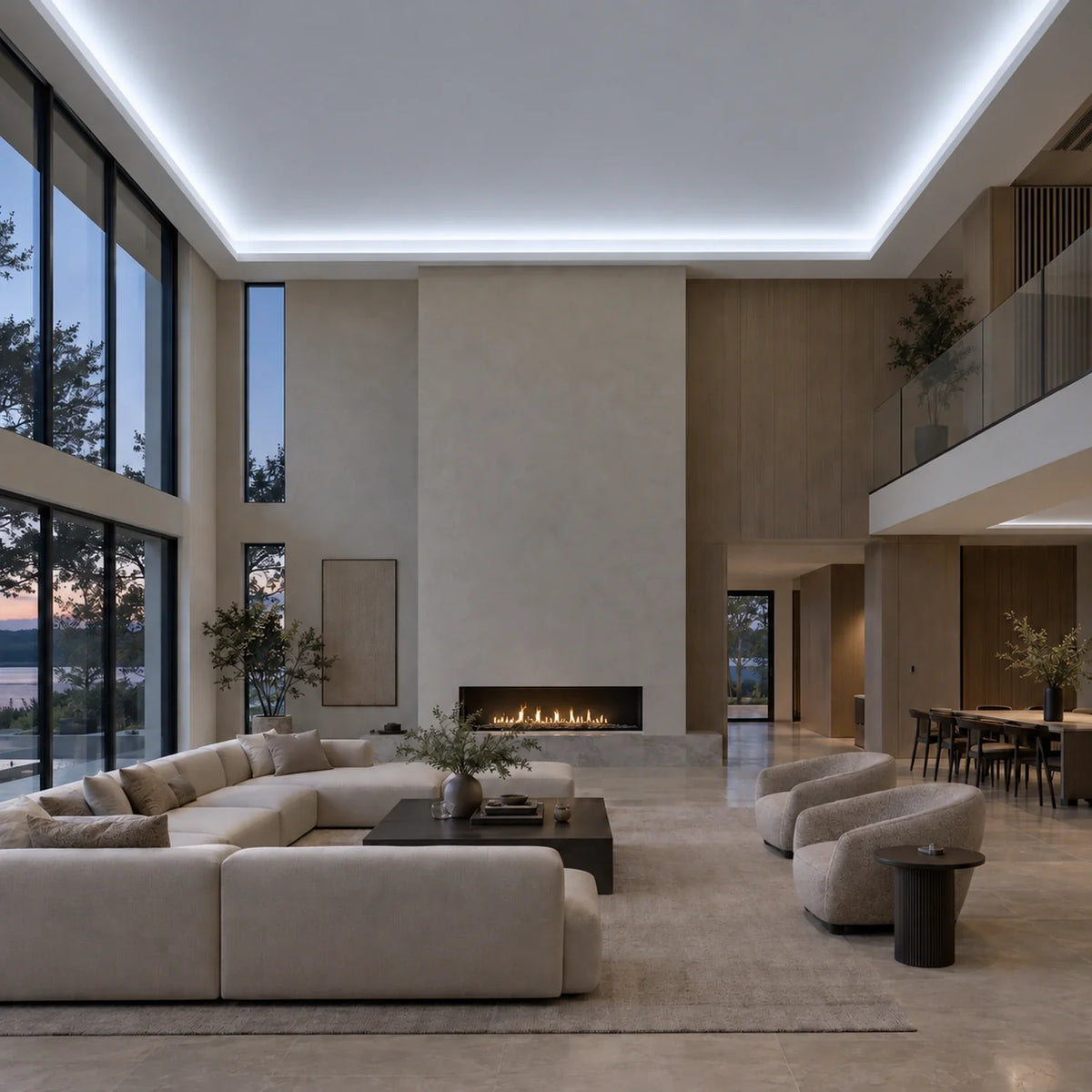 Illustrative House of LEDs cool white 8×16mm neon flex installed in large-room ceiling coving
