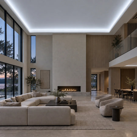 Illustrative House of LEDs cool white 8×16mm neon flex installed in large-room ceiling coving