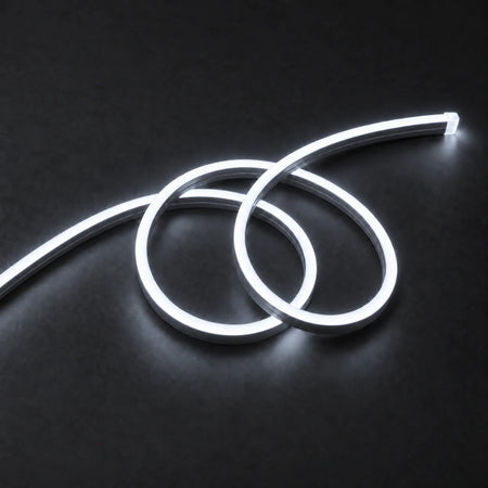 House of LEDs cool white 8×16mm 220–240V neon flex in a double-loop arrangement on dark charcoal