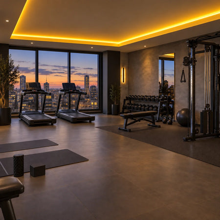 Illustrative House of LEDs golden 8×16mm neon flex installed in gym ceiling coving