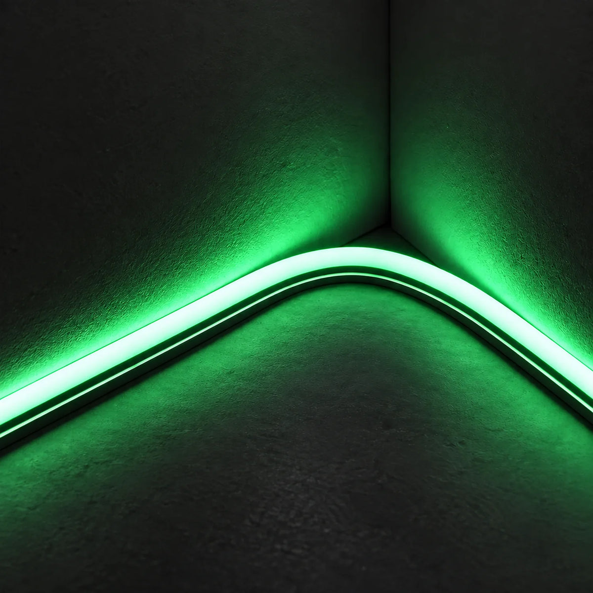 House of LEDs 8×16mm 220–240V green neon flex illuminating a curved inside corner