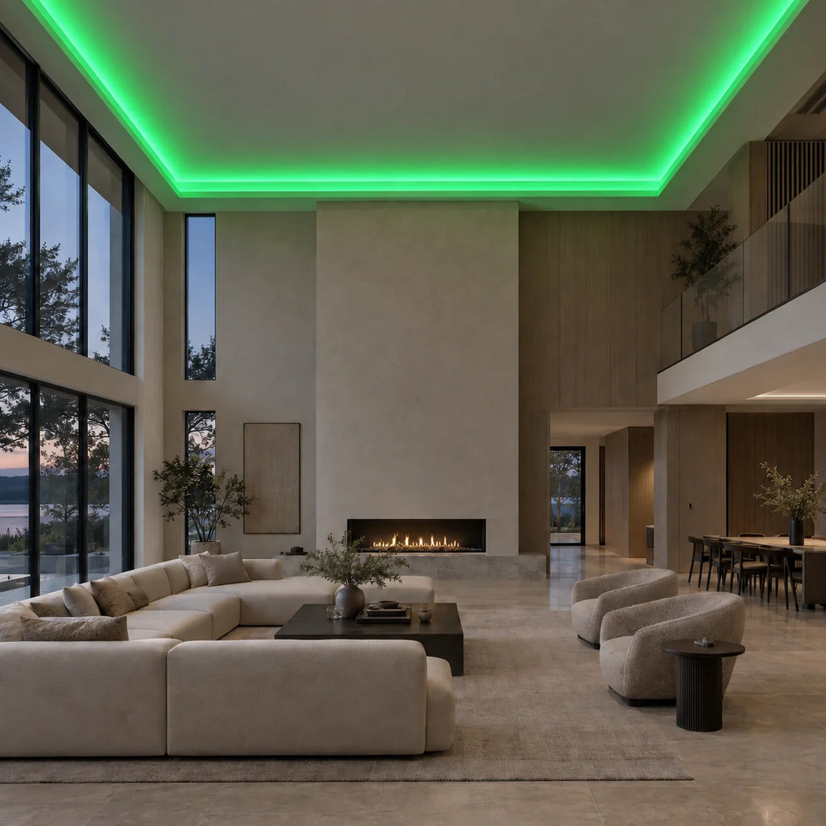 Illustrative House of LEDs green 8×16mm neon flex installed in large-room ceiling coving