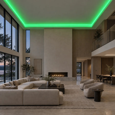 Illustrative House of LEDs green 8×16mm neon flex installed in large-room ceiling coving