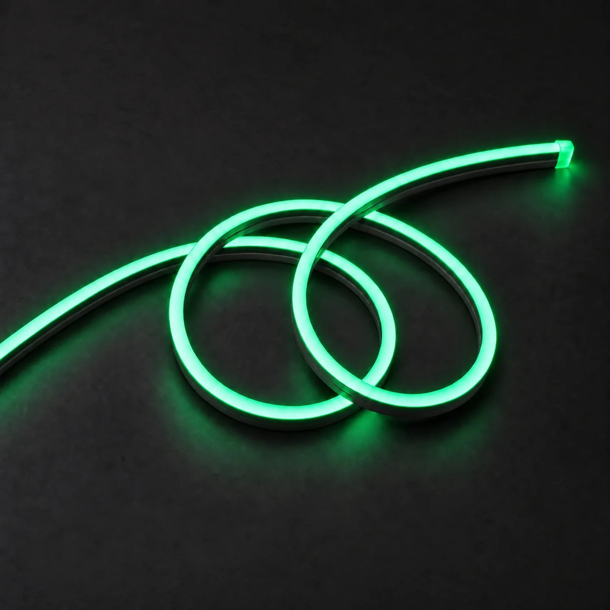 House of LEDs green 8×16mm 220–240V neon flex in a double-loop arrangement on dark charcoal
