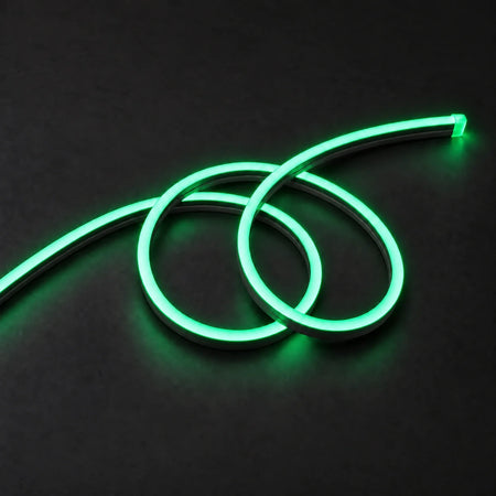 House of LEDs green 8×16mm 220–240V neon flex in a double-loop arrangement on dark charcoal