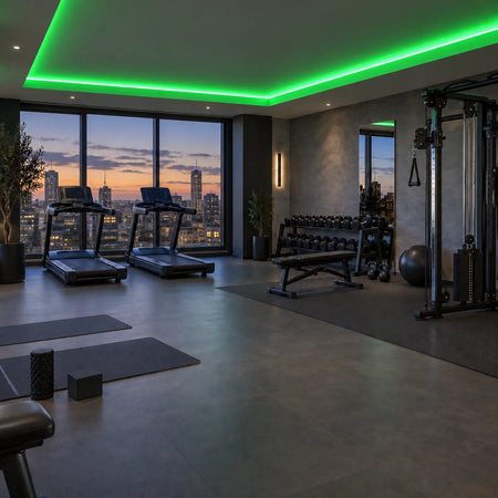 Illustrative House of LEDs green 8×16mm neon flex installed in gym ceiling coving