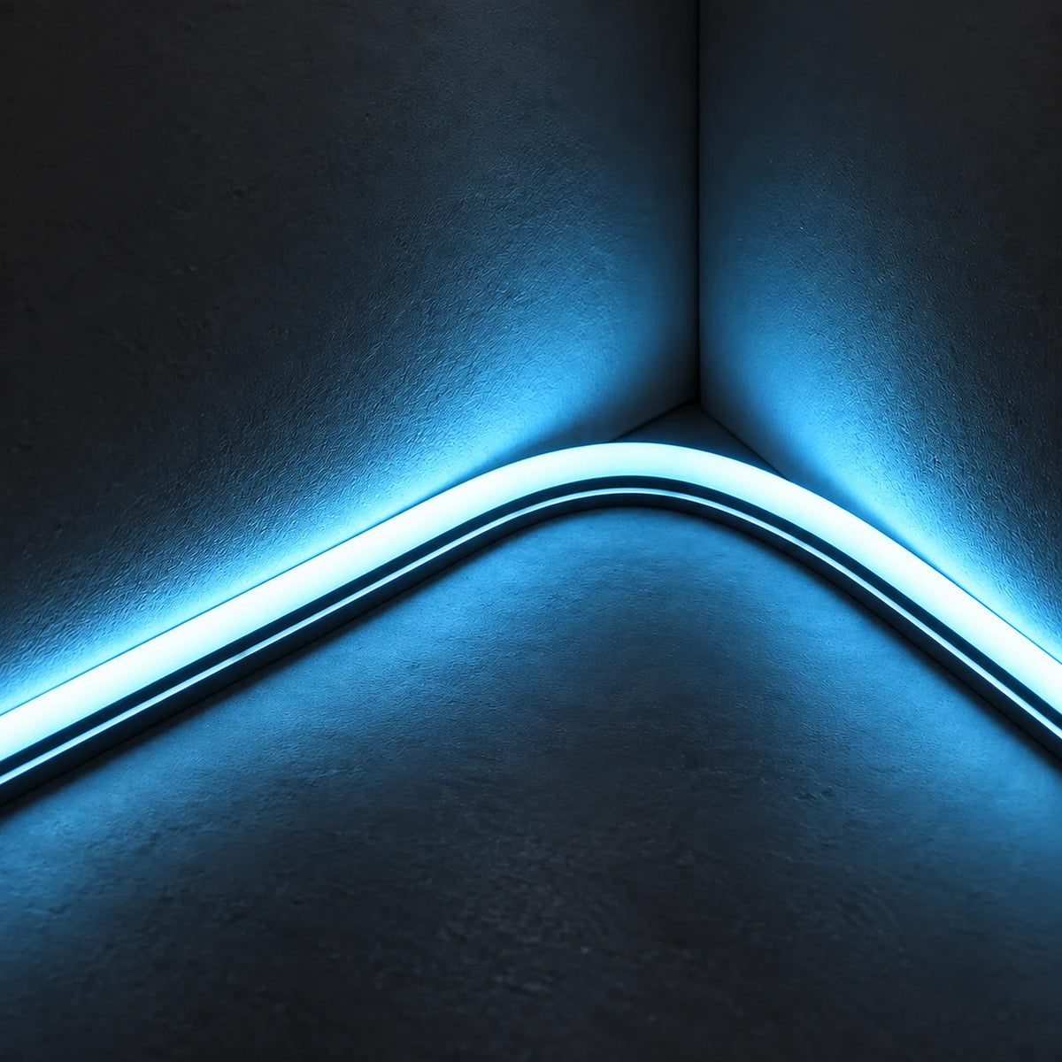 House of LEDs 8×16mm 220–240V ice blue neon flex illuminating a curved inside corner