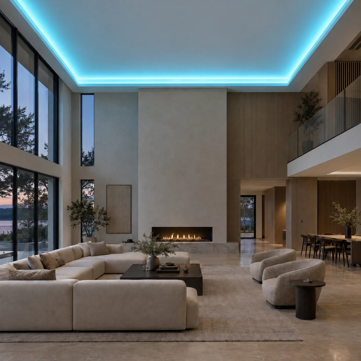 Illustrative House of LEDs ice blue 8×16mm neon flex installed in large-room ceiling coving