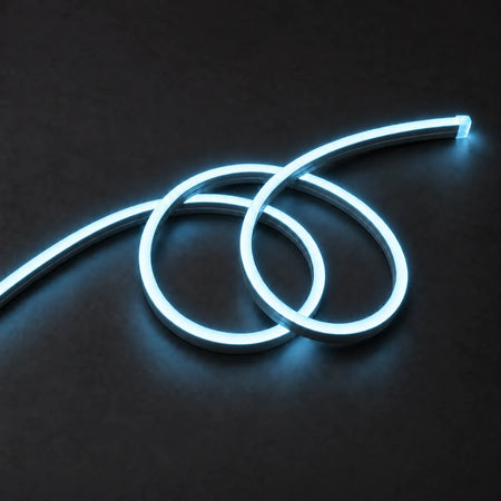 House of LEDs ice blue 8×16mm 220–240V neon flex in a double-loop arrangement on dark charcoal