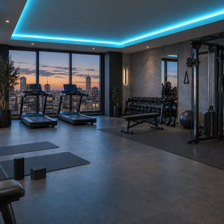 Illustrative House of LEDs ice blue 8×16mm neon flex installed in gym ceiling coving