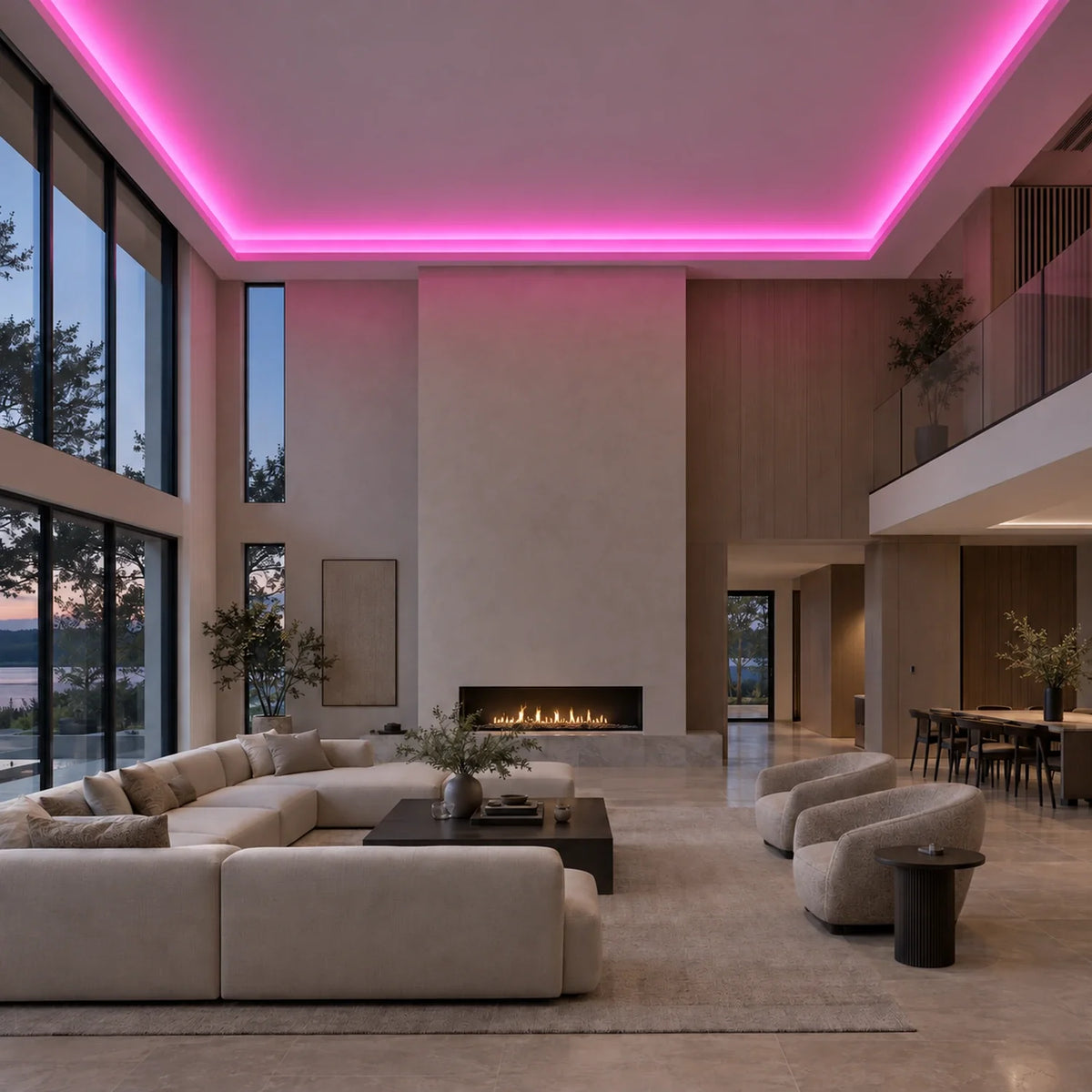 Illustrative House of LEDs pink 8×16mm neon flex installed in large-room ceiling coving