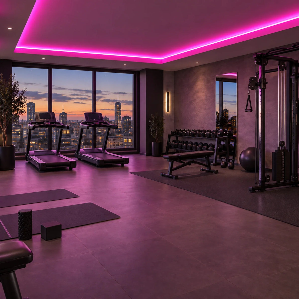 Illustrative House of LEDs pink 8×16mm neon flex installed in gym ceiling coving