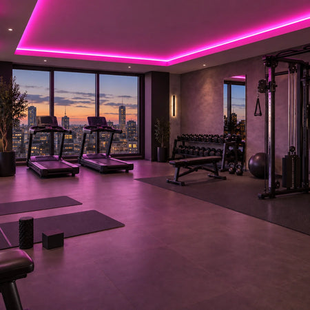 Illustrative House of LEDs pink 8×16mm neon flex installed in gym ceiling coving