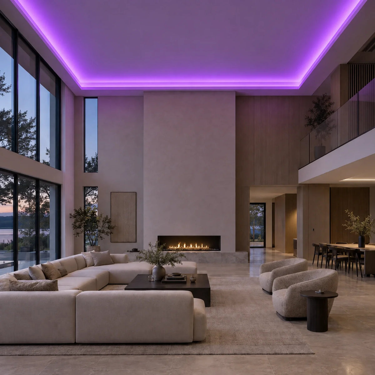 Illustrative House of LEDs purple 8×16mm neon flex installed in large-room ceiling coving
