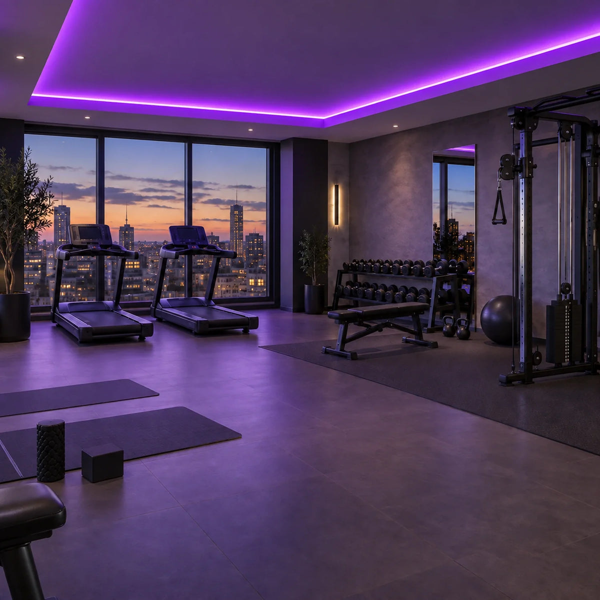 Illustrative House of LEDs purple 8×16mm neon flex installed in gym ceiling coving