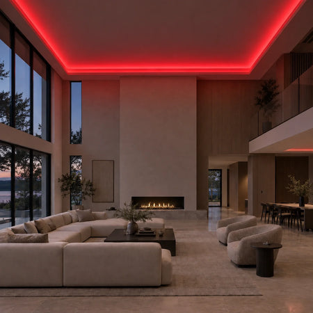 Illustrative House of LEDs red 8×16mm neon flex installed in large-room ceiling coving