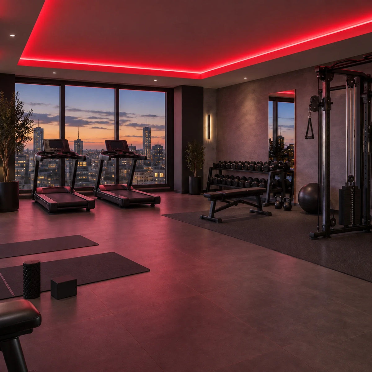 Illustrative House of LEDs red 8×16mm neon flex installed in gym ceiling coving