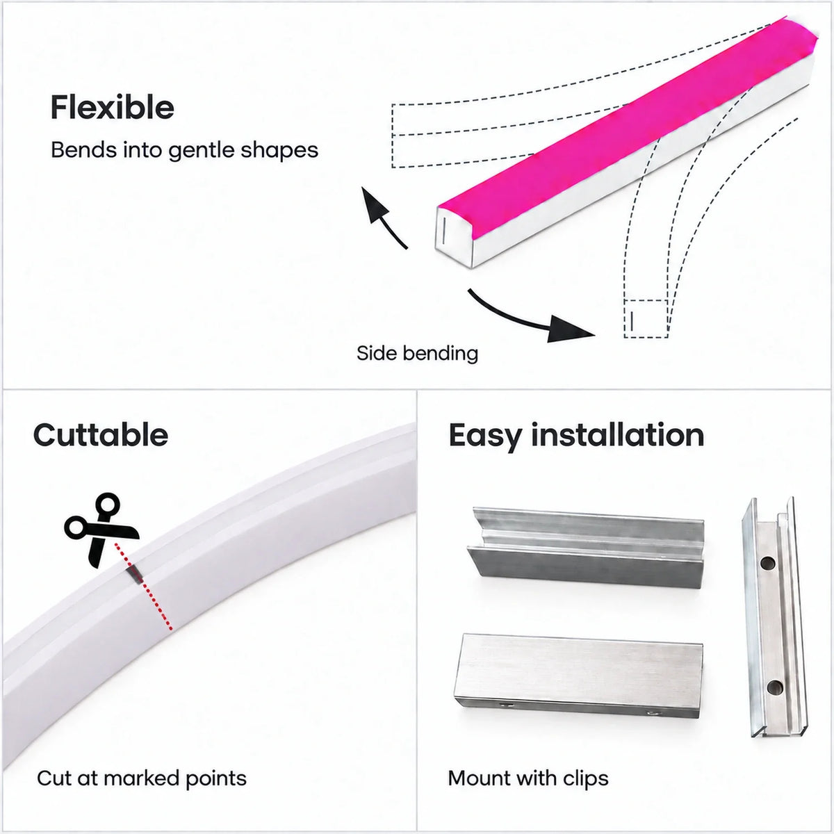 Illustrative 8×16mm neon flex side-bend, marked cut point and clip-mounting diagram; pink strip is an example colour