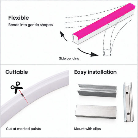 Illustrative 8×16mm neon flex side-bend, marked cut point and clip-mounting diagram; pink strip is an example colour