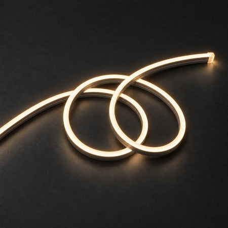 House of LEDs warm 2900k 8×16mm 220–240V neon flex in a double-loop arrangement on dark charcoal