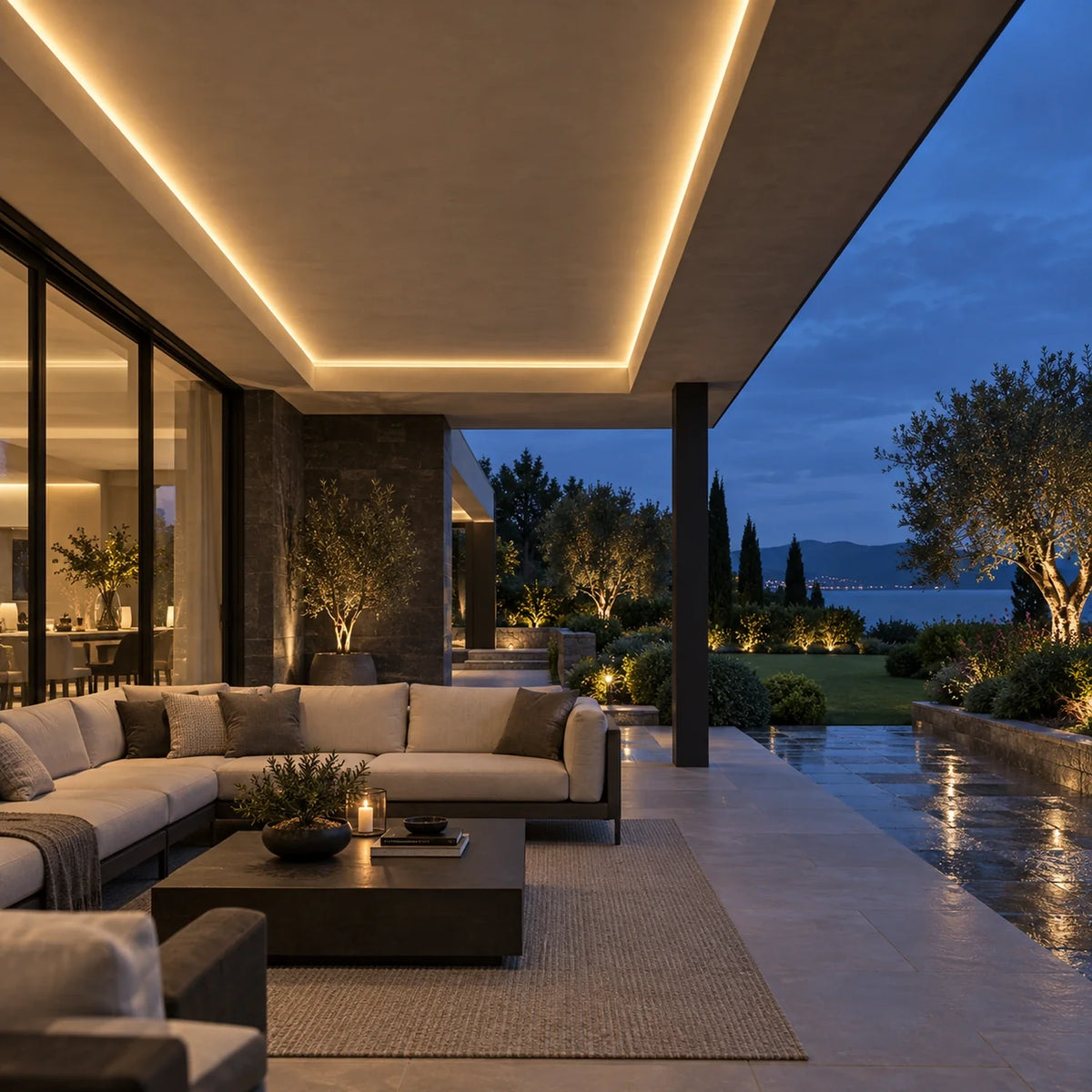 Illustrative warm white 8×16mm IP65 neon flex in ceiling coving beneath a fully sheltered outdoor roof