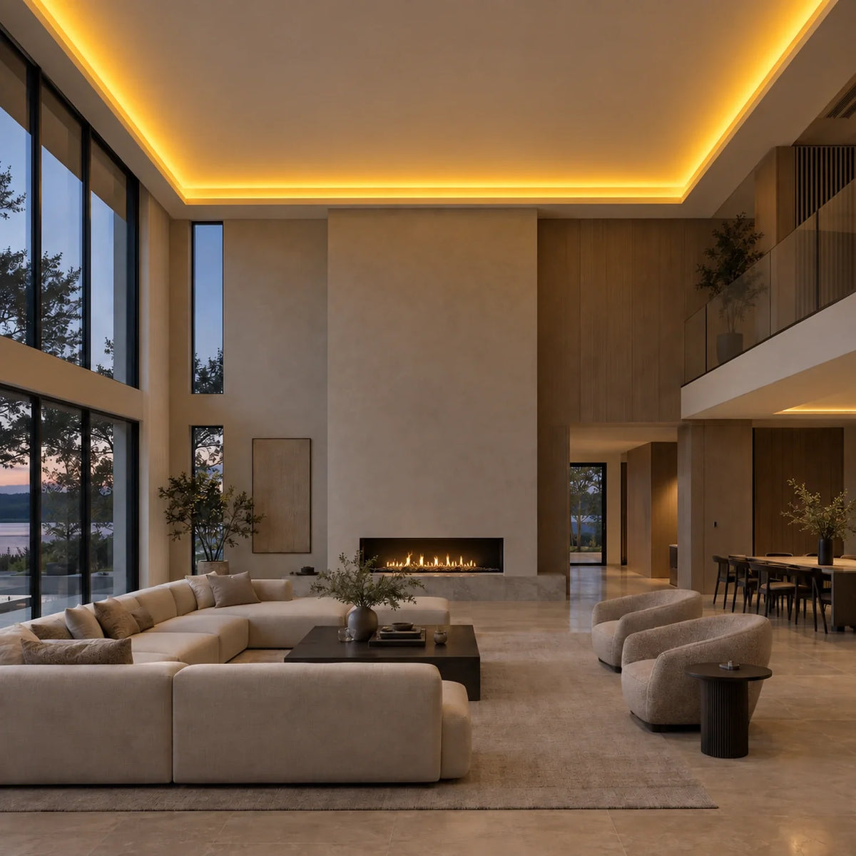 Illustrative House of LEDs golden yellow 8×16mm neon flex installed in large-room ceiling coving